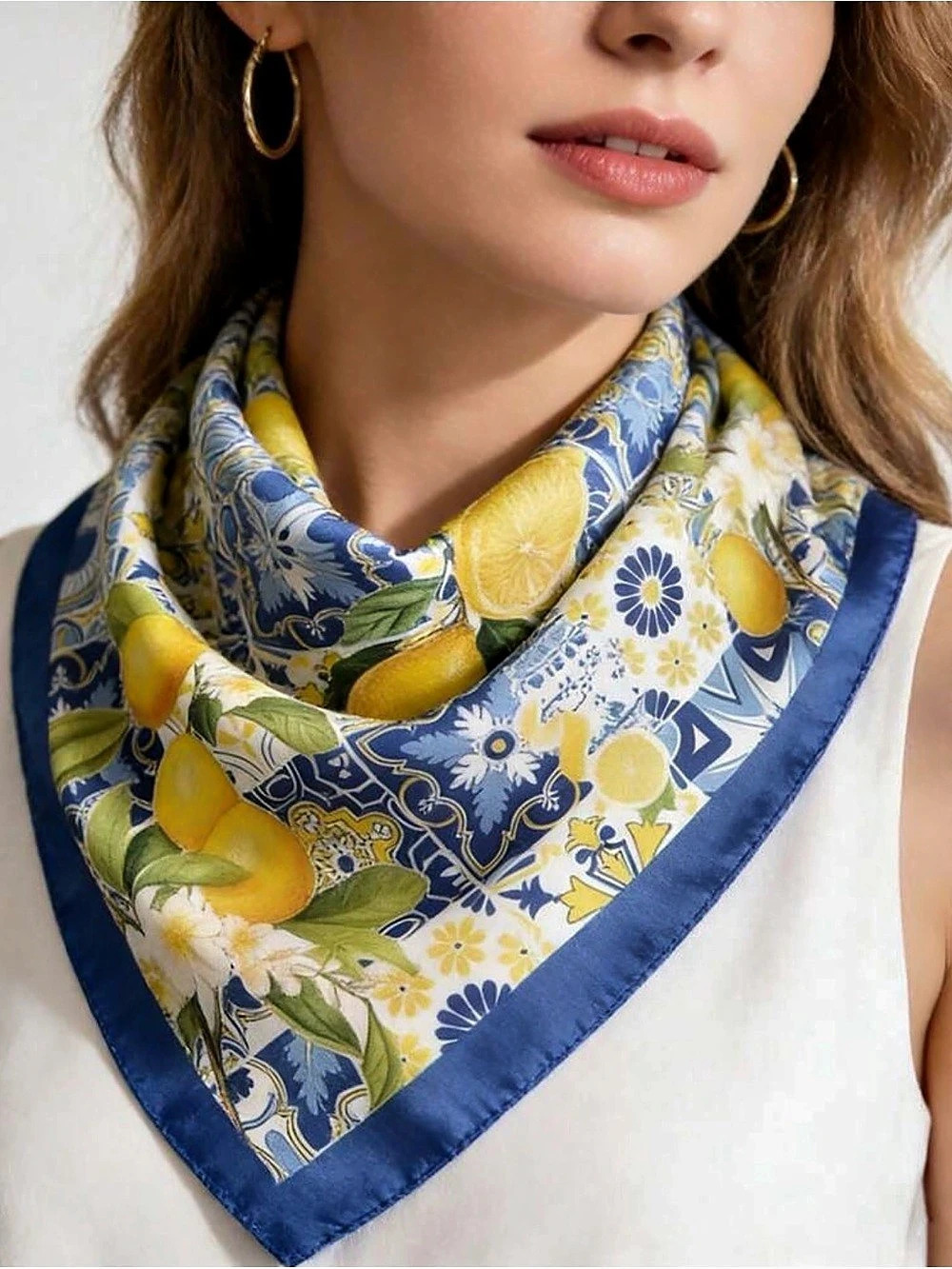 Retro Lemon Print Satin Square Scarf, Colorful Patchwork Design Amalfi Coast-Med